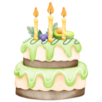 Green avocado theme happy birthday cake with watercolor, isolated png