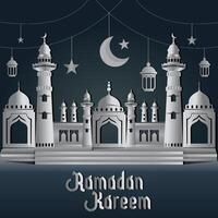 Ramadan kareem greeting background with mosque and arabic lantern vector