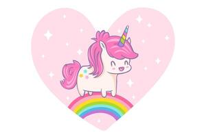 Vector greeting card with cute unicorn and rainbow in kawaii style. Vector illustration of a cute unicorn in heart for Valentine's day.