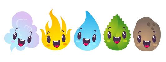 Water, fire, air, ground and plant. Vector illustration of nature elements in kawaii style.