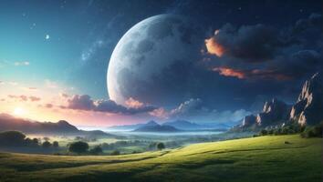 AI generated Landscape under the moon photo