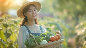 ai generado asiático mujer en pie en campo con cesta de vegetales foto