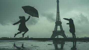 ai generado alegre salto a través de el barrido por la lluvia frente a el eiffel torre a oscuridad foto