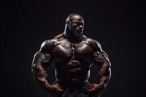 AI Generated A Muscular Bodybuilder athlete Posing Confidently man in a Dark Studio Setting photo