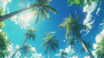 AI Generated Dancing Palm Trees. A Whimsical Mirage in the Sky photo