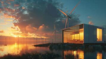 AI Generated Serene Sunset at the Lakeside Wind Farm photo