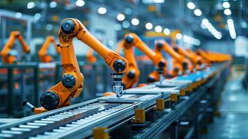 ai generado automatizado robótico brazos montaje productos en un alta tecnología fábrica foto