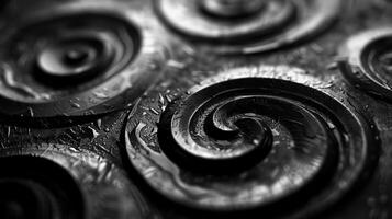 ai generado negro y blanco de cerca de intrincado metal espirales foto