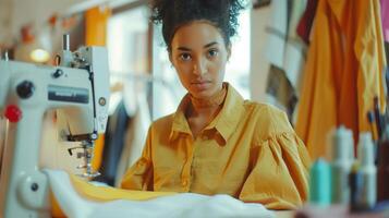 AI Generated Young Fashion Designer Working at Sewing Machine in Sunny Atelier photo