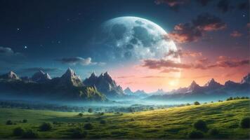 AI generated Landscape under the moon photo