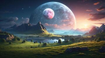 AI generated Landscape under the moon photo