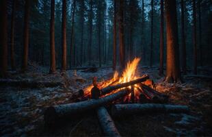 ai generado hoguera en el noche bosque foto