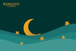 Ramadan Kareem vector backgound, 3d paper cut waves and stars on night sky, template with gold moon.