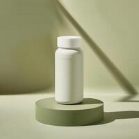 AI generated Minimalist White Pill Bottle on Olive Green Pedestal with Textured Background photo