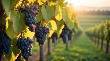 AI generated Golden Hour Vineyard,  Sun-Kissed Grapes Ready for Harvest photo