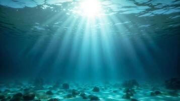 ai generado etéreo rayos de sol bailando en el Oceano piso, un sereno submarino oasis foto