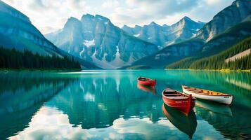 ai generado un grupo de rojo barcos son en un lago con montañas en el antecedentes foto