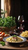 ai generado pasta con carne, vegetales y vino foto