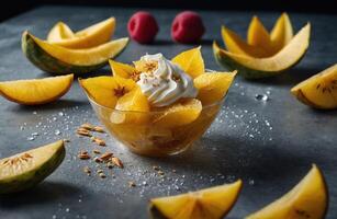 AI generated Dessert in a cup of fruit close-up photo