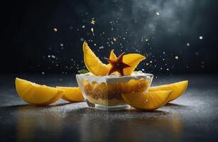 AI generated Dessert in a cup of fruit close-up photo