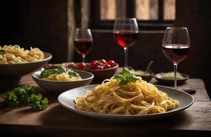 ai generado pasta con carne, vegetales y vino foto