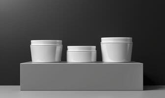 AI generated Mockup rendering of three white round cosmetic jars on white podium. photo