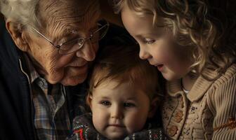 ai generado abuela y nieto a hogar, mirando a cada otro. foto