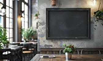 AI generated Empty wooden signboard on a wooden table in a cafe or restaurant photo