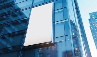 AI generated Blank screen banner mockup displayed on the modern building facade. Close Up view. photo