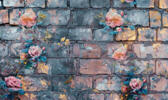 AI generated Pink roses on old white brick wall background with grunge texture. Copy space for text. photo