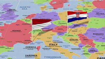 Mónaco y Croacia bandera ondulación con el mundo mapa, sin costura lazo en viento, 3d representación video