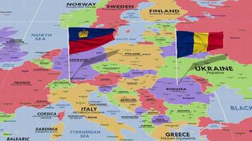 Liechtenstein and Romania Flag Waving with The World Map, Seamless Loop in Wind, 3D Rendering video