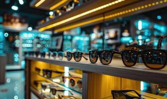AI generated Sunglasses on display in a shop window of a fashion store photo