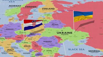 Ukraine and Croatia Flag Waving with The World Map, Seamless Loop in Wind, 3D Rendering video