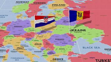 Moldavia y Croacia bandera ondulación con el mundo mapa, sin costura lazo en viento, 3d representación video