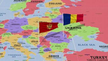 montenegro y Rumania bandera ondulación con el mundo mapa, sin costura lazo en viento, 3d representación video