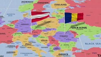 Rumania y Austria bandera ondulación con el mundo mapa, sin costura lazo en viento, 3d representación video