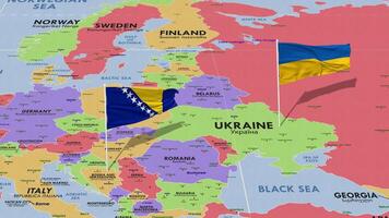 Ukraine et Bosnie et herzégovine drapeau agitant avec le monde carte, sans couture boucle dans vent, 3d le rendu video