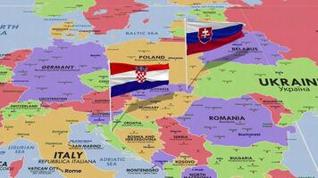 Slovakia and Croatia Flag Waving with The World Map, Seamless Loop in Wind, 3D Rendering video