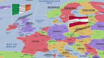 Irlanda y Austria bandera ondulación con el mundo mapa, sin costura lazo en viento, 3d representación video