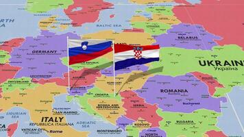 Slovenia and Croatia Flag Waving with The World Map, Seamless Loop in Wind, 3D Rendering video