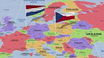 nederländerna och tjeck republik flagga vinka med de värld Karta, sömlös slinga i vind, 3d tolkning video