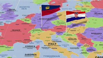 liechtenstein e Croácia bandeira acenando com a mundo mapa, desatado ciclo dentro vento, 3d Renderização video