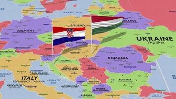 Hungría y Croacia bandera ondulación con el mundo mapa, sin costura lazo en viento, 3d representación video
