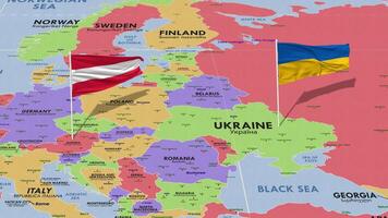 Ukraine and Austria Flag Waving with The World Map, Seamless Loop in Wind, 3D Rendering video