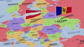 Moldavia y Austria bandera ondulación con el mundo mapa, sin costura lazo en viento, 3d representación video