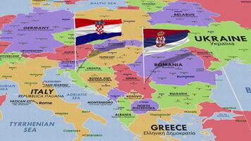 Serbia and Croatia Flag Waving with The World Map, Seamless Loop in Wind, 3D Rendering video