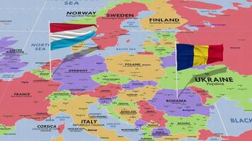 Luxembourg and Romania Flag Waving with The World Map, Seamless Loop in Wind, 3D Rendering video