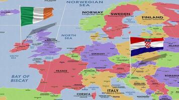 Ireland and Croatia Flag Waving with The World Map, Seamless Loop in Wind, 3D Rendering video