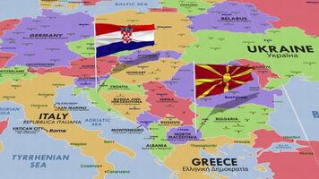 North Macedonia and Croatia Flag Waving with The World Map, Seamless Loop in Wind, 3D Rendering video